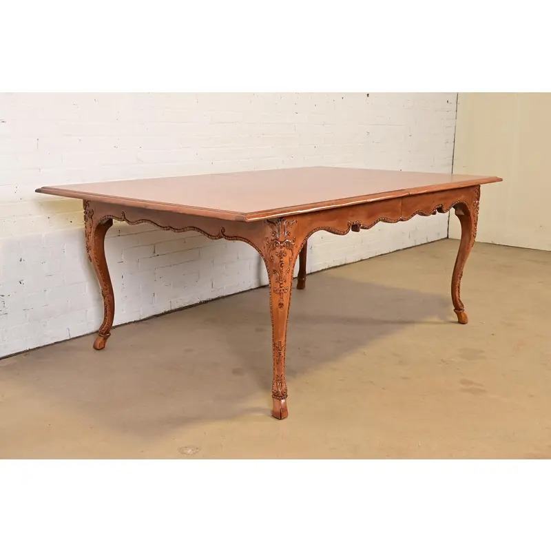 Baker Furniture Italian Provincial Carved Cherry and Burl Wood Extension Dining Table, Newly Refinished - Image 11