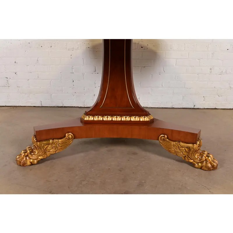 Baker Furniture Regency Cherry Wood and Parcel Gilt Paw Foot Pedestal Extension Dining Table, Newly Refinished - Image 11