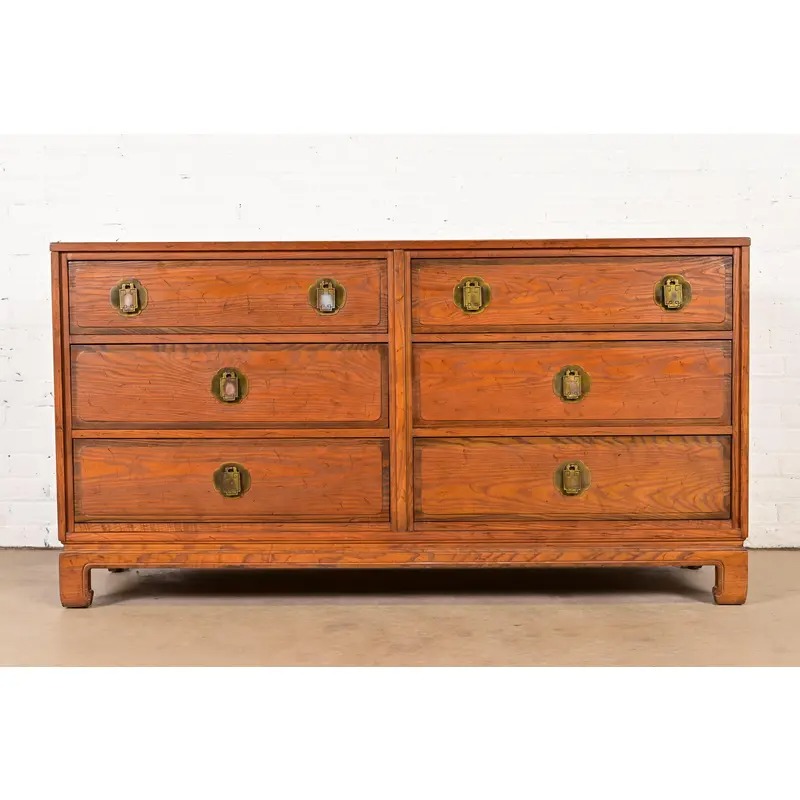 Davis Cabinet Company Mid-Century Modern Hollywood Regency Chinoiserie Teak Six Drawer Dresser, Circa 1960s