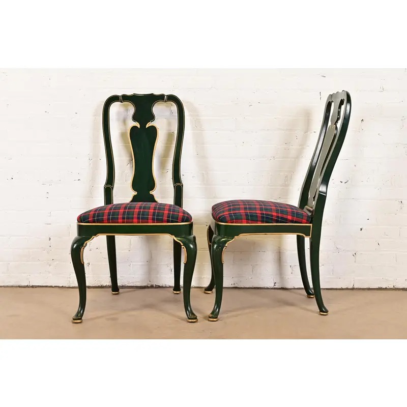 Kindel Furniture Chinoiserie Queen Anne Green Lacquered and Gold Gilt Dining Chairs, Set of Four - Image 11