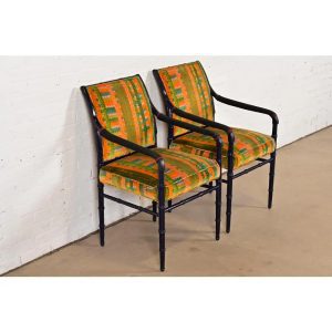Mid-Century Hollywood Regency Ebonized Faux Bamboo Armchairs With Jack Lenor Larsen Upholstery, Pair