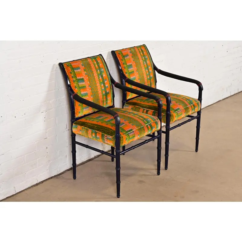 Mid-Century Hollywood Regency Ebonized Faux Bamboo Armchairs With Jack Lenor Larsen Upholstery, Pair