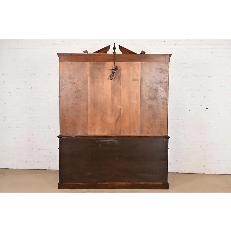 Stickley Chippendale Carved Flame Mahogany Lighted Breakfront Bookcase Cabinet - Image 11