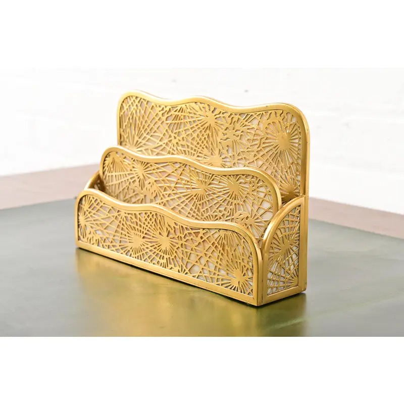 Tiffany Studios New York Pine Needle Bronze Doré and Favrile Slag Glass Letter Rack