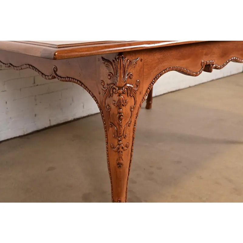 Baker Furniture Italian Provincial Carved Cherry and Burl Wood Extension Dining Table, Newly Refinished - Image 12