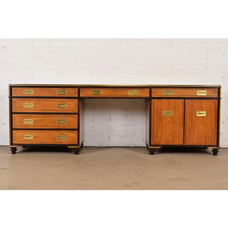 Baker Furniture Mid-Century Hollywood Regency Campaign Satinwood Desk or Executive Credenza, Circa 1960s