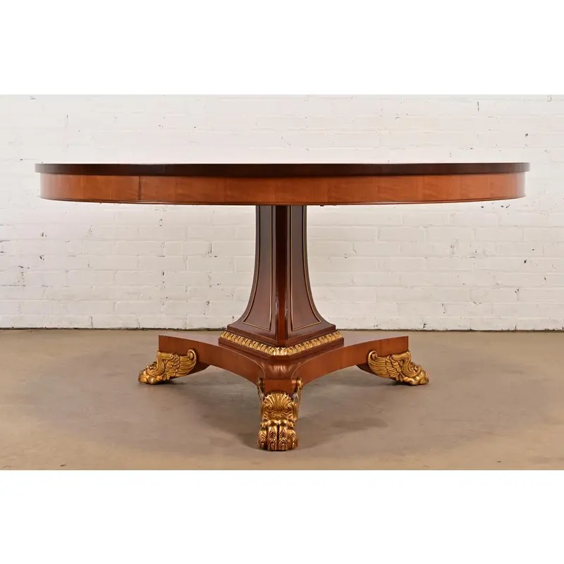Baker Furniture Regency Cherry Wood and Parcel Gilt Paw Foot Pedestal Extension Dining Table, Newly Refinished - Image 12