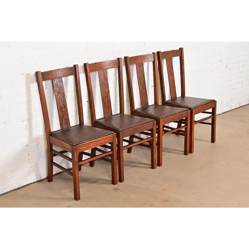 Limbert Style Antique Mission Oak Arts & Crafts T-Back Side Chairs or Dining Chairs, Pair - Image 12