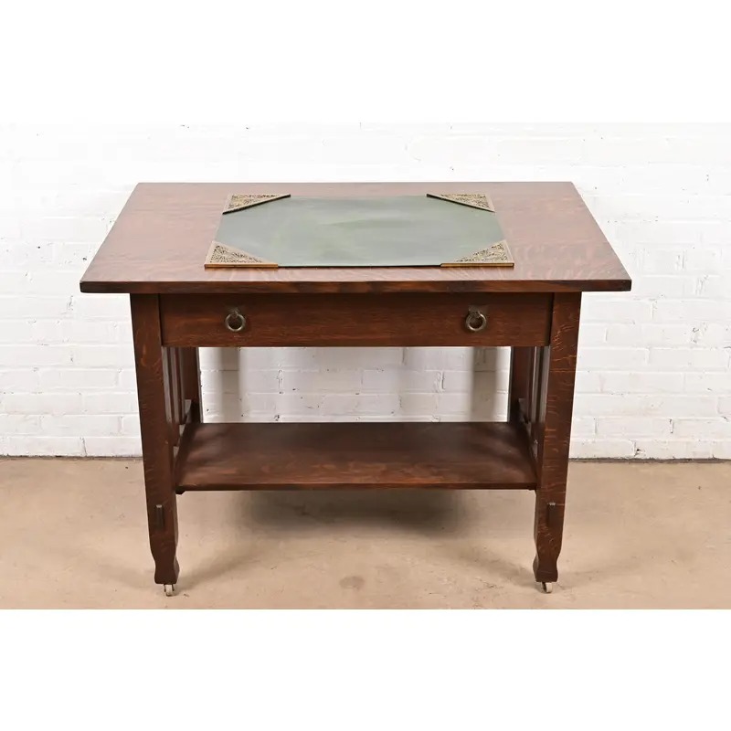 Tiffany Studios New York Grapevine Bronze Doré Blotter Corners With Leather Desk Blotter - Image 12