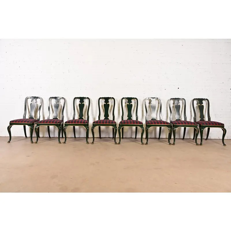 Kindel Furniture Chinoiserie Queen Anne Green Lacquered and Gold Gilt Side Chairs or Dining Chairs, Pair - Image 13