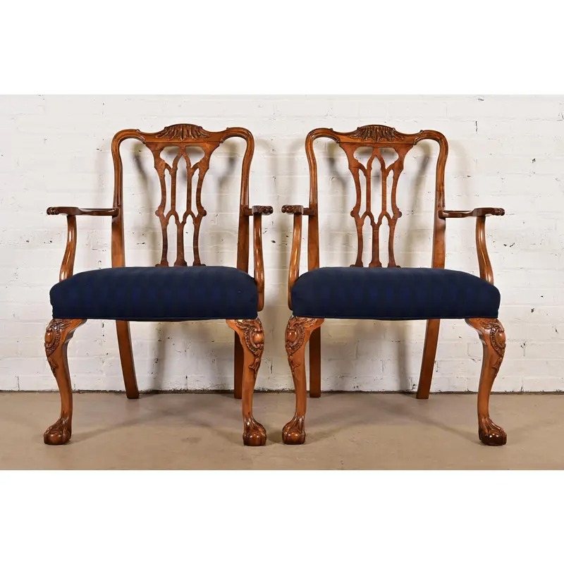Romweber Chippendale Carved Walnut and Burl Wood Armchairs, Pair