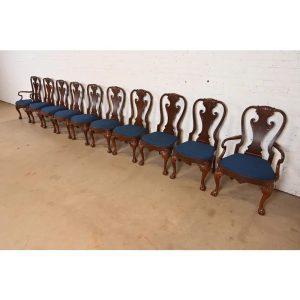 Baker Furniture Stately Homes Georgian Carved Burled Walnut Dining Chairs, Newly Refinished