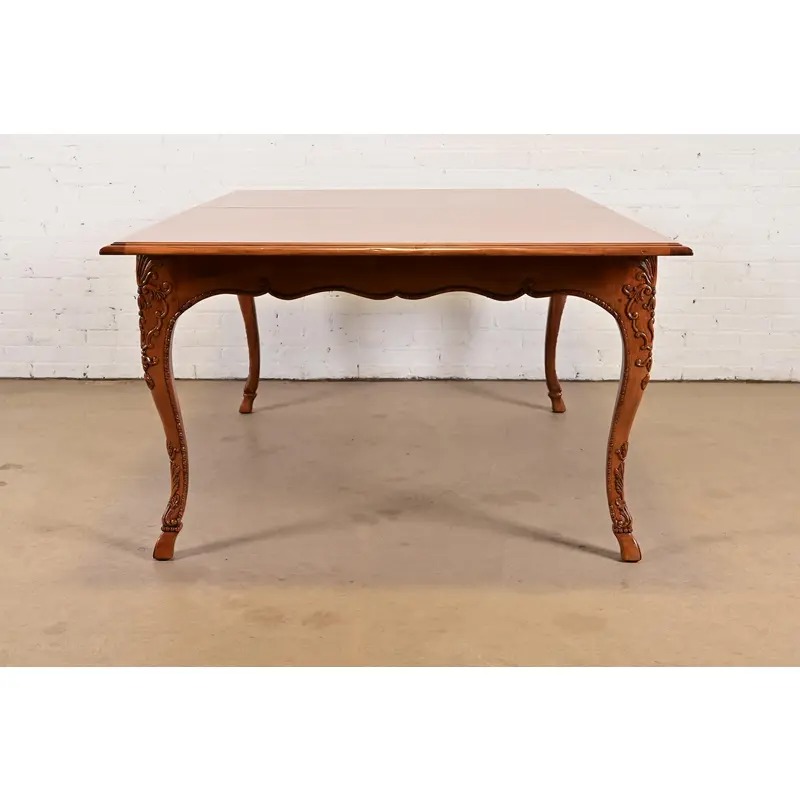 Baker Furniture Italian Provincial Carved Cherry and Burl Wood Extension Dining Table, Newly Refinished - Image 15