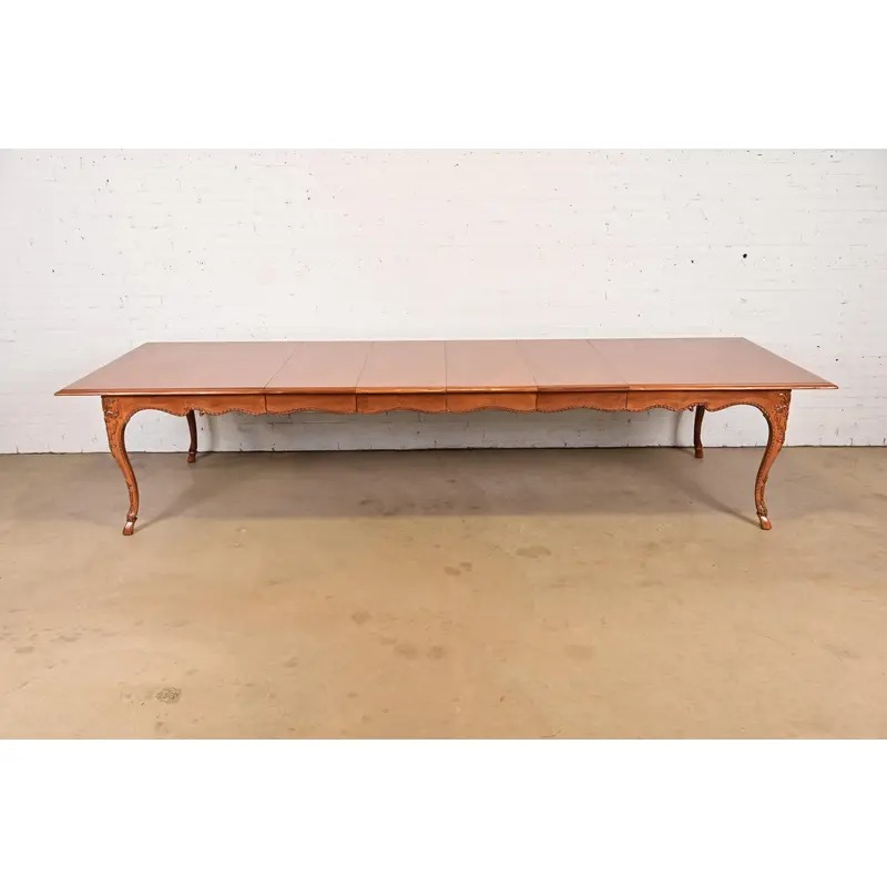 Baker Furniture Italian Provincial Carved Cherry and Burl Wood Extension Dining Table, Newly Refinished - Image 2