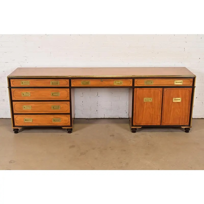 Baker Furniture Mid-Century Hollywood Regency Campaign Satinwood Desk or Executive Credenza, Circa 1960s - Image 2
