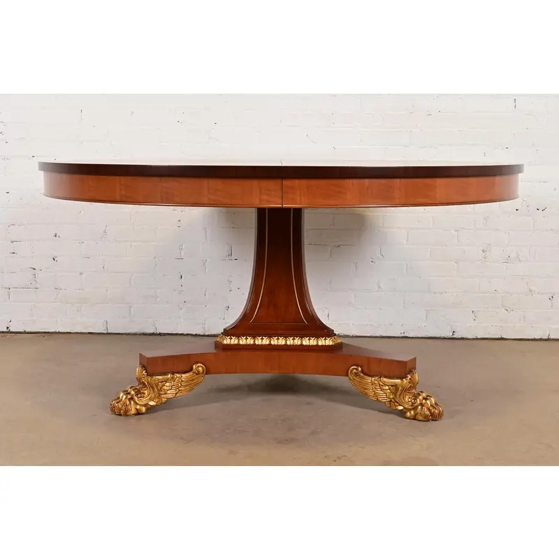Baker Furniture Regency Cherry Wood and Parcel Gilt Paw Foot Pedestal Extension Dining Table, Newly Refinished - Image 2