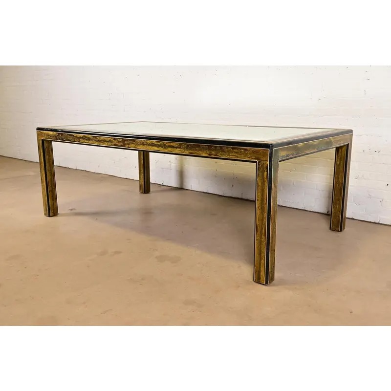 Bernhard Rohne for Mastercraft Hollywood Regency Acid Etched Brass Dining Table With Mirrored Glass Top, Circa 1970s - Image 2