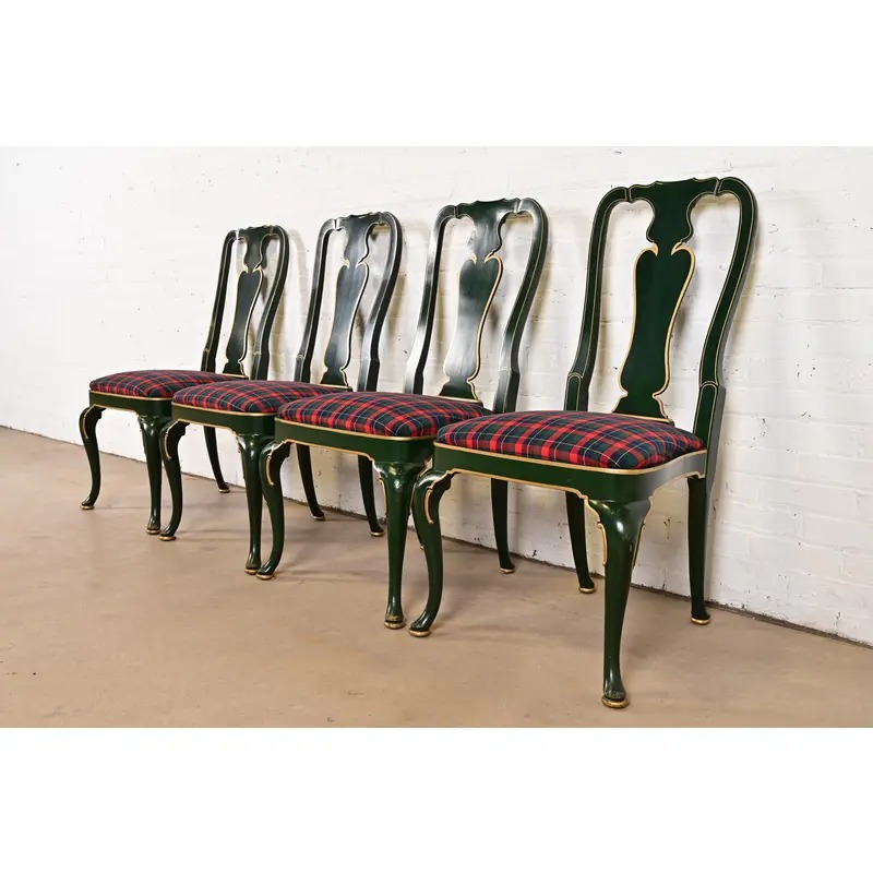 Kindel Furniture Chinoiserie Queen Anne Green Lacquered and Gold Gilt Dining Chairs, Set of Four - Image 2