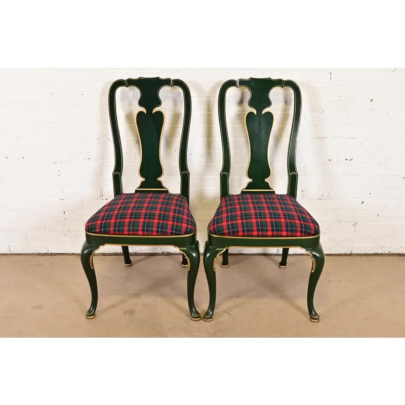 Kindel Furniture Chinoiserie Queen Anne Green Lacquered and Gold Gilt Side Chairs or Dining Chairs, Pair - Image 2