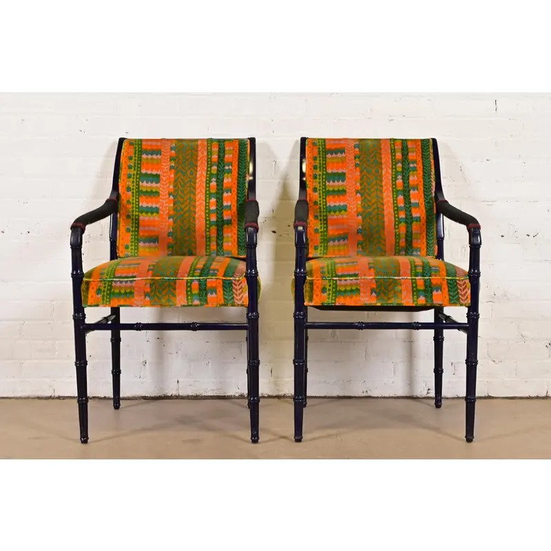 Mid-Century Hollywood Regency Ebonized Faux Bamboo Armchairs With Jack Lenor Larsen Upholstery, Pair - Image 2
