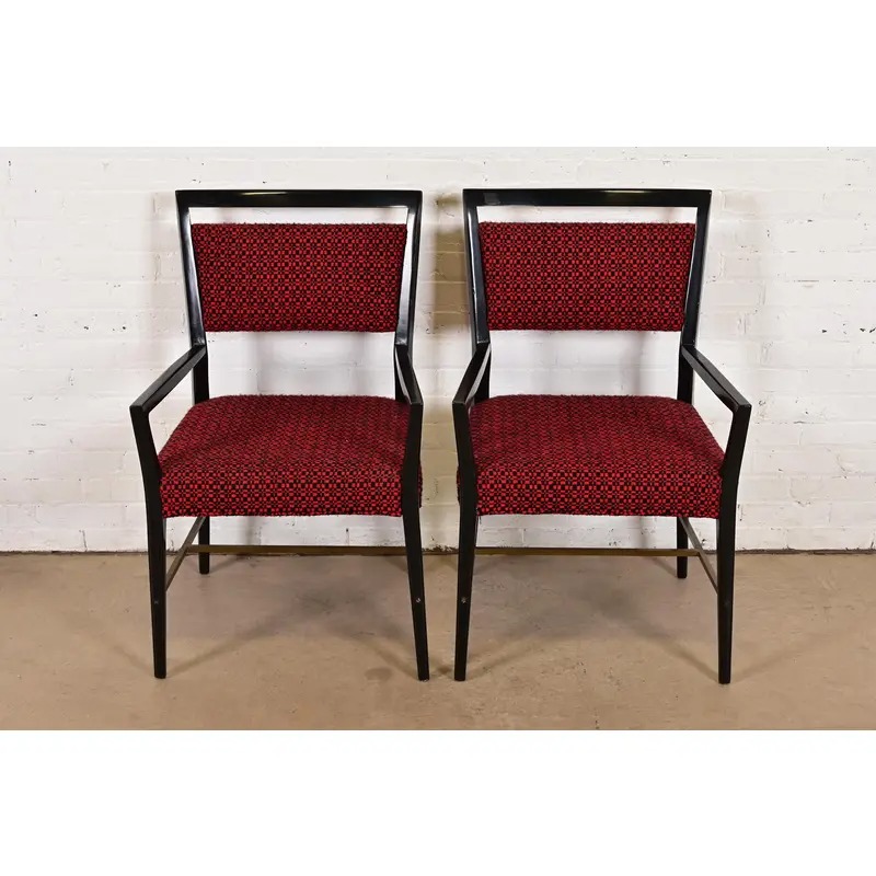 Paul McCobb Connoisseur Collection Black Lacquered Mahogany and Brass Armchairs, Pair - Image 2