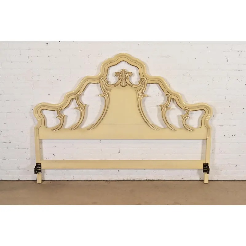 Romweber French Rococo Louis XV Cream Lacquered and Parcel Silver Gilt King Size Headboard, Circa 1950s - Image 2