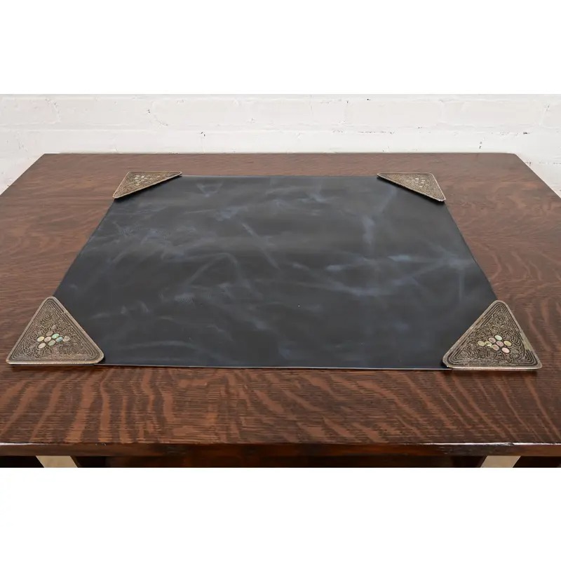 Tiffany Studios New York Silvered Bronze and Abalone Blotter Corners With Leather Desk Blotter - Image 2