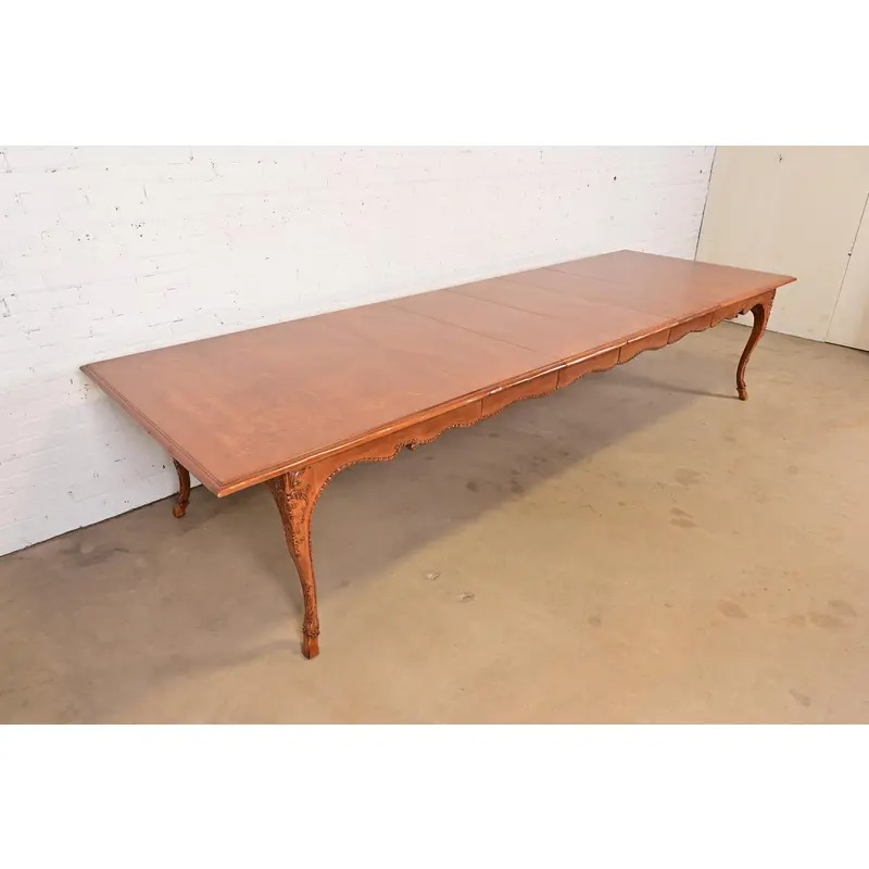 Baker Furniture Italian Provincial Carved Cherry and Burl Wood Extension Dining Table, Newly Refinished - Image 3