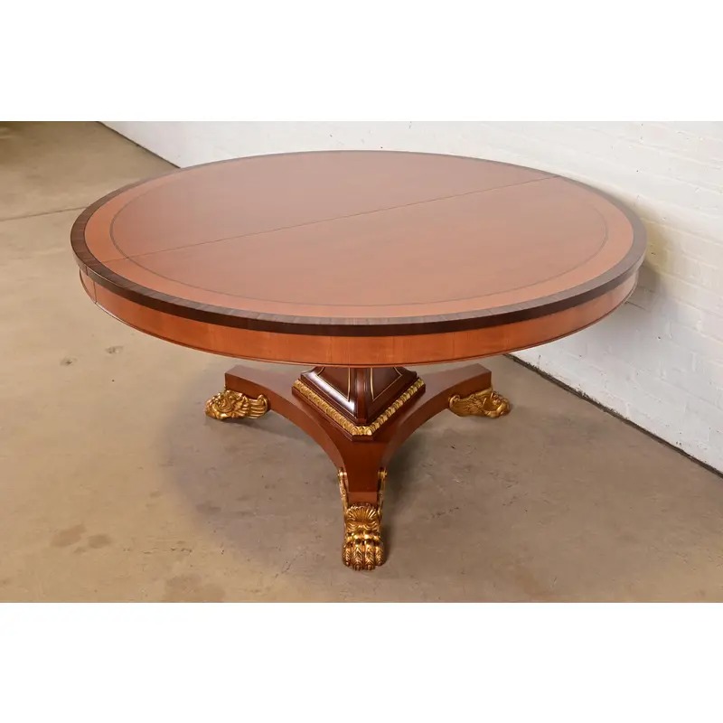 Baker Furniture Regency Cherry Wood and Parcel Gilt Paw Foot Pedestal Extension Dining Table, Newly Refinished - Image 3