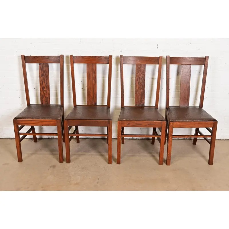 Limbert Style Antique Mission Oak Arts & Crafts T-Back Dining Chairs, Set of Four - Image 3