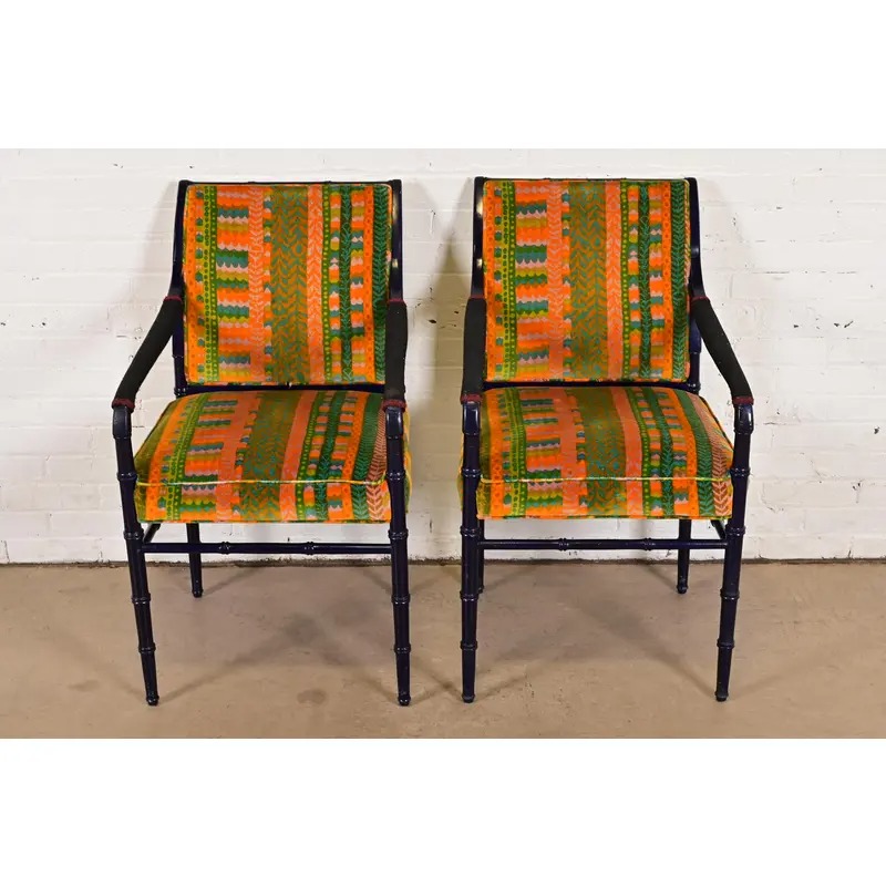 Mid-Century Hollywood Regency Ebonized Faux Bamboo Armchairs With Jack Lenor Larsen Upholstery, Pair - Image 3