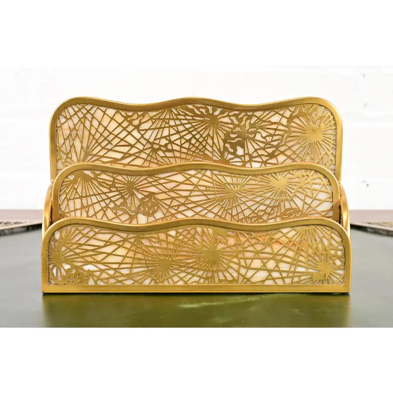 Tiffany Studios New York Pine Needle Bronze Doré and Favrile Slag Glass Letter Rack - Image 3