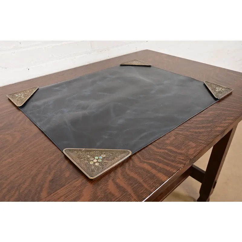 Tiffany Studios New York Silvered Bronze and Abalone Blotter Corners With Leather Desk Blotter - Image 3
