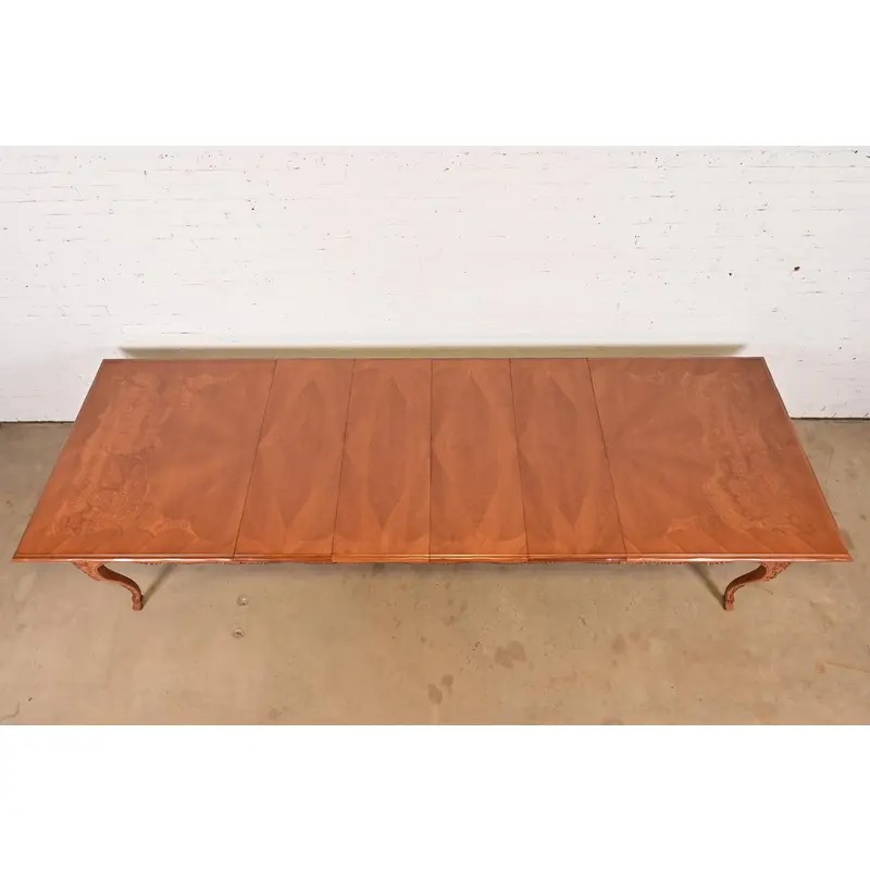 Baker Furniture Italian Provincial Carved Cherry and Burl Wood Extension Dining Table, Newly Refinished - Image 4