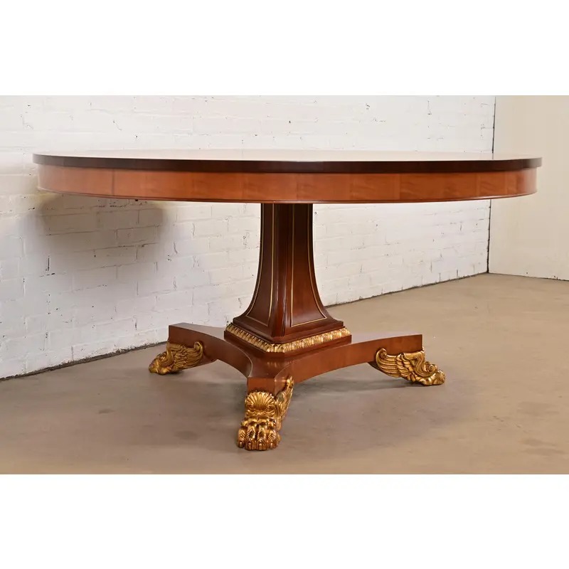 Baker Furniture Regency Cherry Wood and Parcel Gilt Paw Foot Pedestal Extension Dining Table, Newly Refinished - Image 4