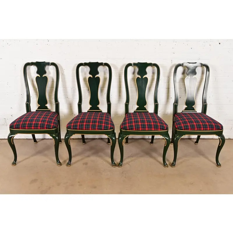 Kindel Furniture Chinoiserie Queen Anne Green Lacquered and Gold Gilt Dining Chairs, Set of Four - Image 4