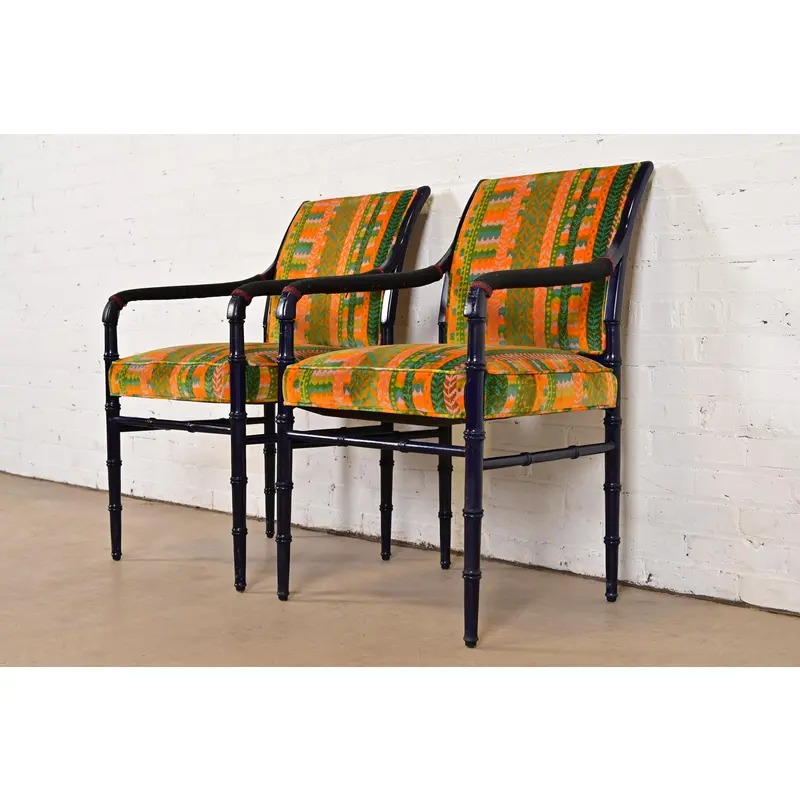 Mid-Century Hollywood Regency Ebonized Faux Bamboo Armchairs With Jack Lenor Larsen Upholstery, Pair - Image 4