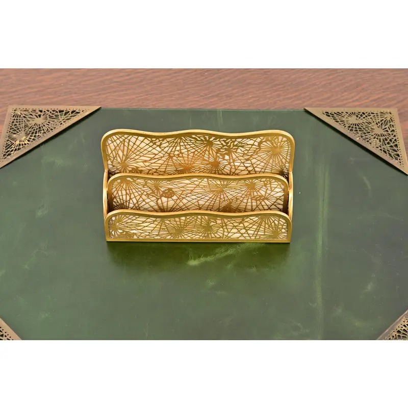 Tiffany Studios New York Pine Needle Bronze Doré and Favrile Slag Glass Letter Rack - Image 4