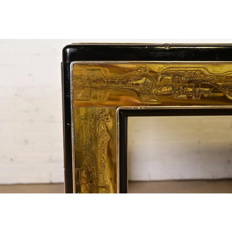 Bernhard Rohne for Mastercraft Hollywood Regency Acid Etched Brass Dining Table With Mirrored Glass Top, Circa 1970s - Image 5