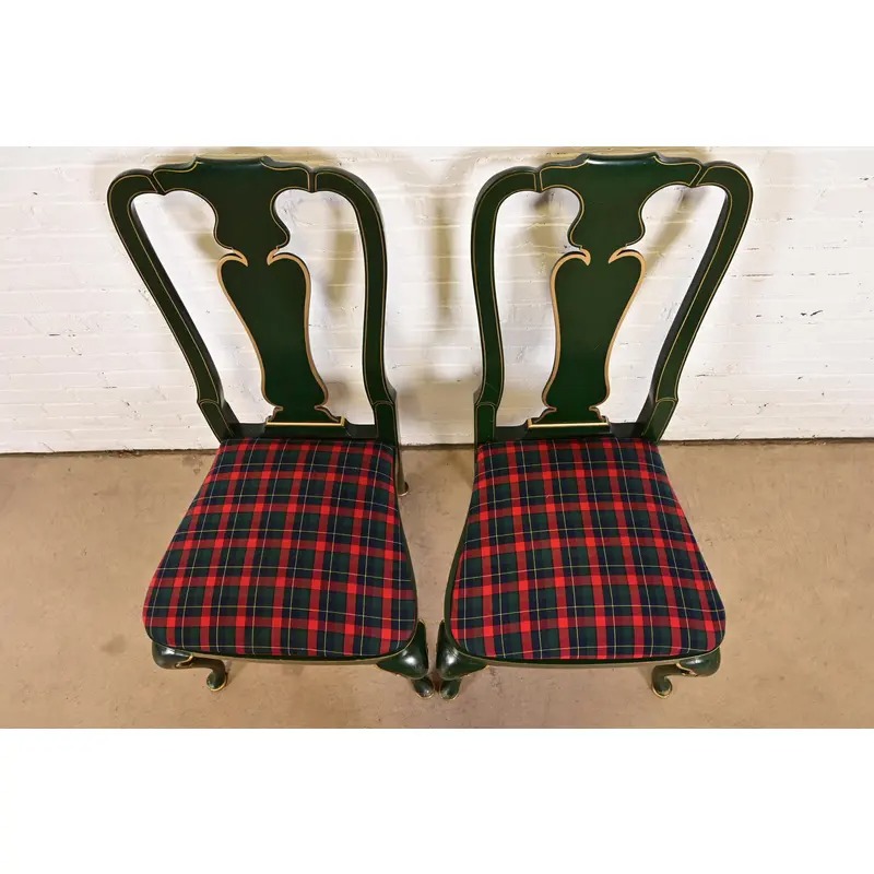 Kindel Furniture Chinoiserie Queen Anne Green Lacquered and Gold Gilt Side Chairs or Dining Chairs, Pair - Image 5