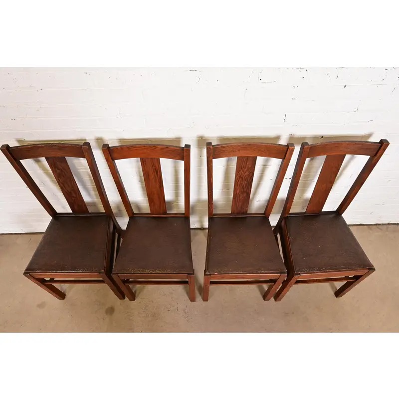 Limbert Style Antique Mission Oak Arts & Crafts T-Back Dining Chairs, Set of Four - Image 5