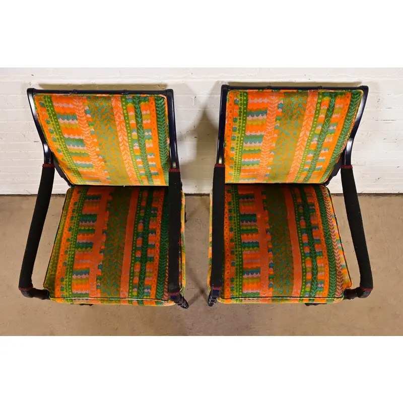 Mid-Century Hollywood Regency Ebonized Faux Bamboo Armchairs With Jack Lenor Larsen Upholstery, Pair - Image 5