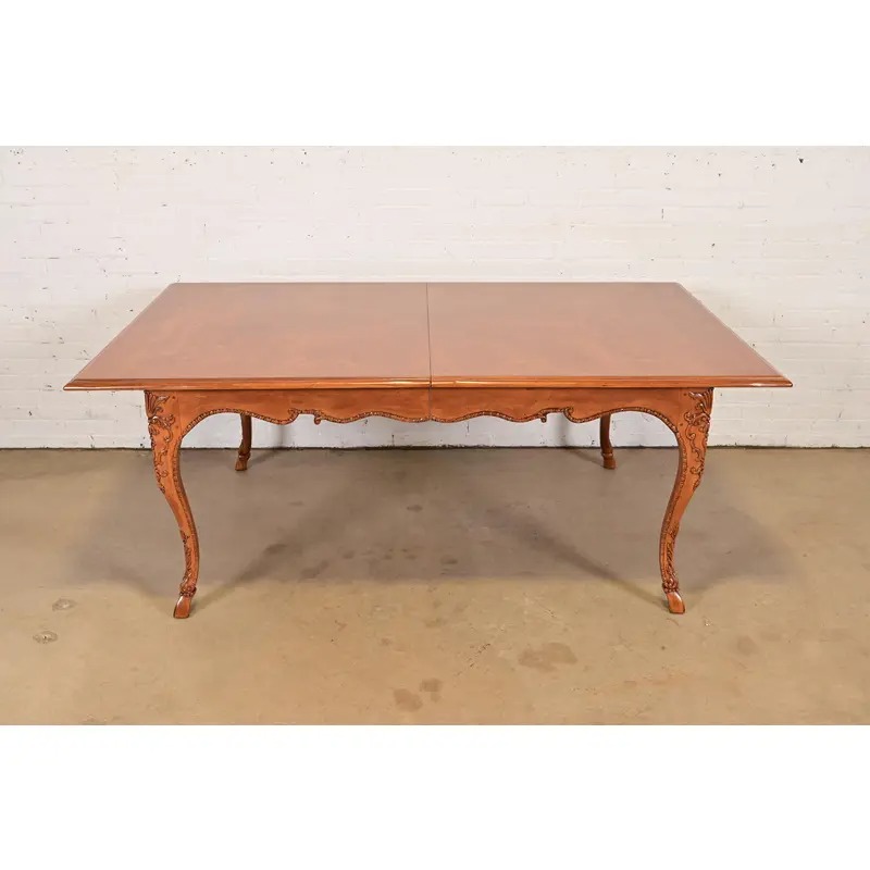 Baker Furniture Italian Provincial Carved Cherry and Burl Wood Extension Dining Table, Newly Refinished - Image 6