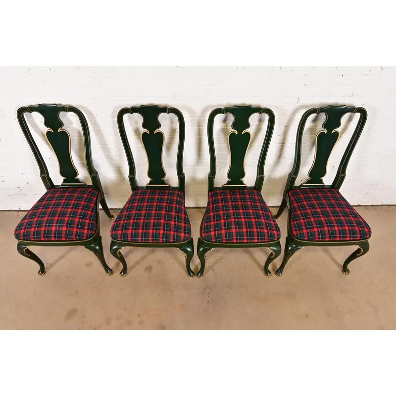Kindel Furniture Chinoiserie Queen Anne Green Lacquered and Gold Gilt Dining Chairs, Set of Four - Image 6