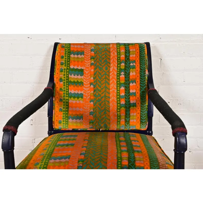Mid-Century Hollywood Regency Ebonized Faux Bamboo Armchairs With Jack Lenor Larsen Upholstery, Pair - Image 6