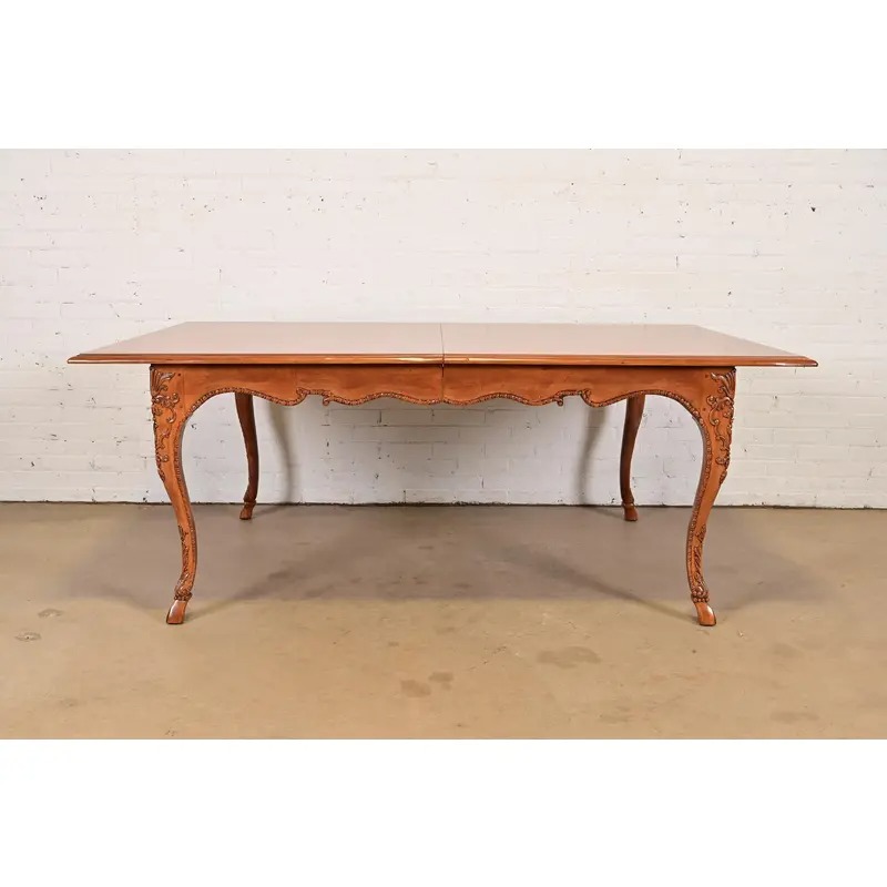 Baker Furniture Italian Provincial Carved Cherry and Burl Wood Extension Dining Table, Newly Refinished - Image 7