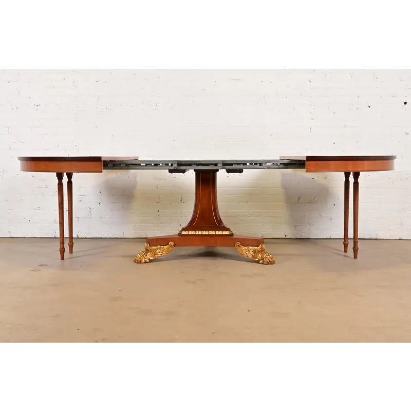Baker Furniture Regency Cherry Wood and Parcel Gilt Paw Foot Pedestal Extension Dining Table, Newly Refinished - Image 7