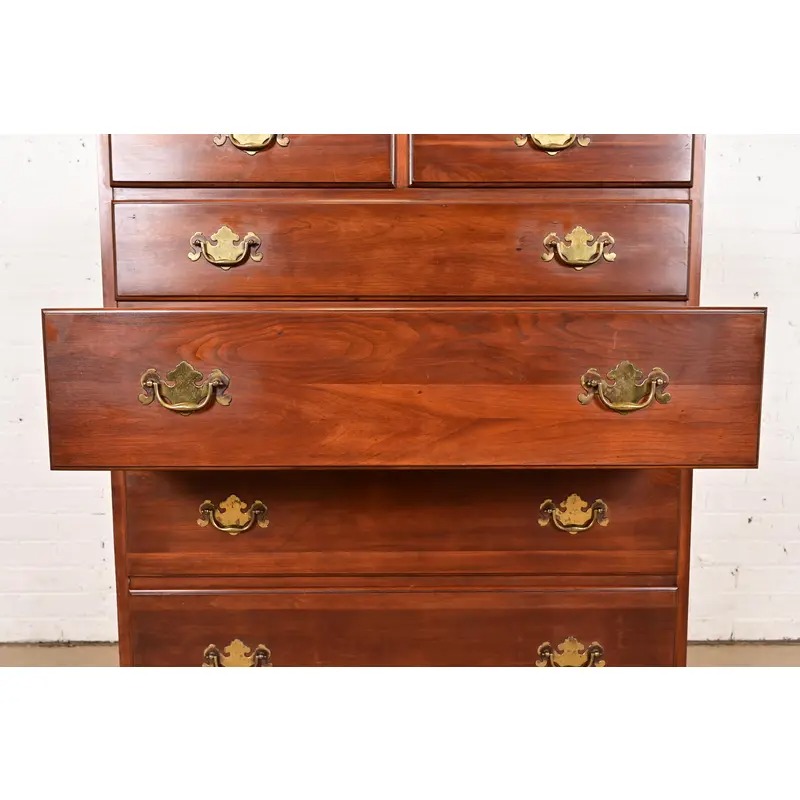 Henkel Harris Georgian Solid Cherry Wood Highboy Dresser, Circa 1960s - Image 7