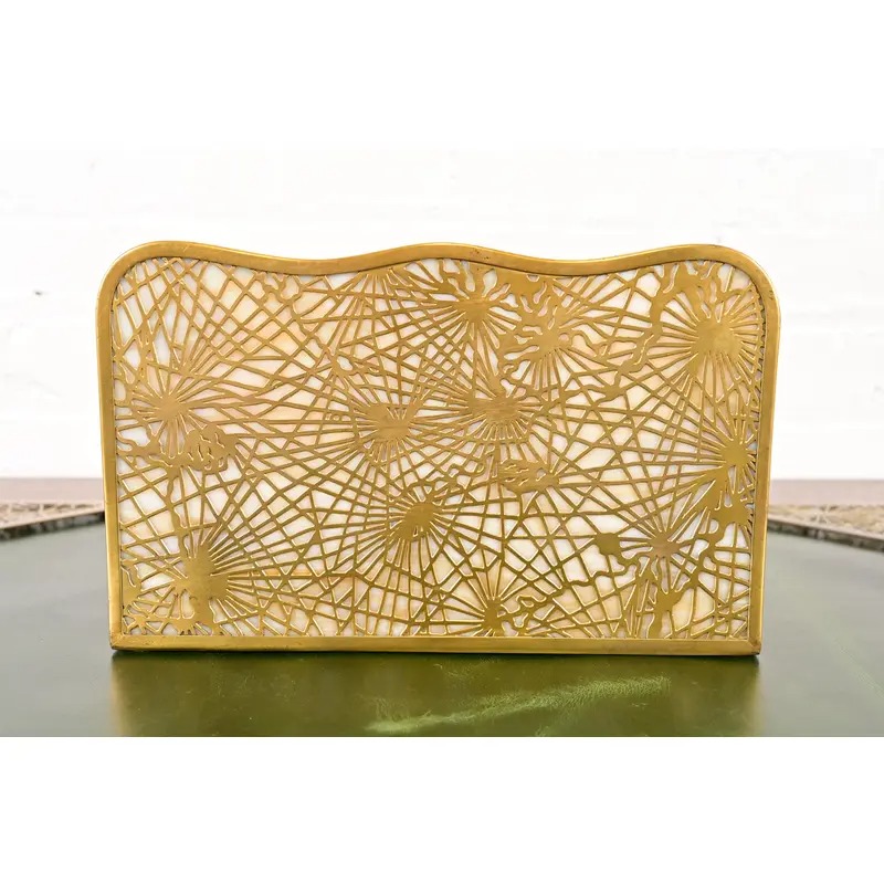 Tiffany Studios New York Pine Needle Bronze Doré and Favrile Slag Glass Letter Rack - Image 7