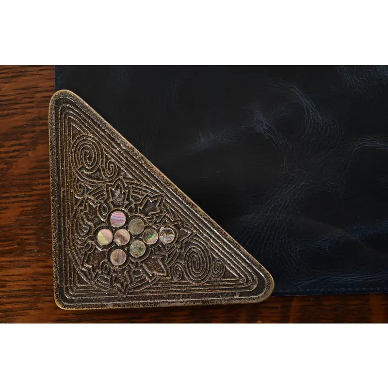 Tiffany Studios New York Silvered Bronze and Abalone Blotter Corners With Leather Desk Blotter - Image 7